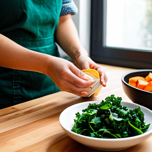 Home 11 A serene person, fully clothed in comfortable, modest attire, engaged in preparing a healthy evening meal. Fresh salmon, green leafy vegetables (spinach, kale), sweet potatoes, and a small bowl of almonds are artfully arranged on a clean, wooden countertop. A modern, warmly lit kitchen with natural light from a window provides a peaceful and inviting ambiance, suggesting evening. The person is gently arranging ingredients with soft focus on their hands. Professional photography, soft lighting, natural colors, high detail, perfect anatomy, correct proportions, natural pose, well-formed hands, proper finger count, safe for work, appropriate content, fully clothed, professional, modest clothing, family-friendly.
