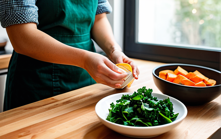 A serene person, fully clothed in comfortable, modest attire, engaged in preparing a healthy evening meal. Fresh salmon, green leafy vegetables (spinach, kale), sweet potatoes, and a small bowl of almonds are artfully arranged on a clean, wooden countertop. A modern, warmly lit kitchen with natural light from a window provides a peaceful and inviting ambiance, suggesting evening. The person is gently arranging ingredients with soft focus on their hands. Professional photography, soft lighting, natural colors, high detail, perfect anatomy, correct proportions, natural pose, well-formed hands, proper finger count, safe for work, appropriate content, fully clothed, professional, modest clothing, family-friendly.