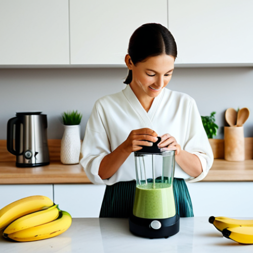 Home 6 **Prompt:** A calm, professional woman in modest, comfortable loungewear, gently adding fresh ingredients like spinach and banana into a blender in a pristine, modern kitchen. The countertop is clean, with a few neatly arranged smoothie ingredients visible, such as a bowl of oats, a jar of seeds, and a carton of plant milk. The lighting is soft and ambient, creating a serene and inviting atmosphere. Professional photography, high resolution, soft focus, warm tones, fully clothed, appropriate attire, modest clothing, safe for work, appropriate content, family-friendly, perfect anatomy, correct proportions, natural pose, well-formed hands, proper finger count, natural body proportions.