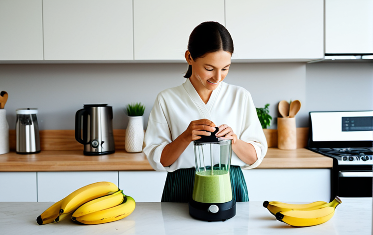 **Prompt:** A calm, professional woman in modest, comfortable loungewear, gently adding fresh ingredients like spinach and banana into a blender in a pristine, modern kitchen. The countertop is clean, with a few neatly arranged smoothie ingredients visible, such as a bowl of oats, a jar of seeds, and a carton of plant milk. The lighting is soft and ambient, creating a serene and inviting atmosphere. Professional photography, high resolution, soft focus, warm tones, fully clothed, appropriate attire, modest clothing, safe for work, appropriate content, family-friendly, perfect anatomy, correct proportions, natural pose, well-formed hands, proper finger count, natural body proportions.