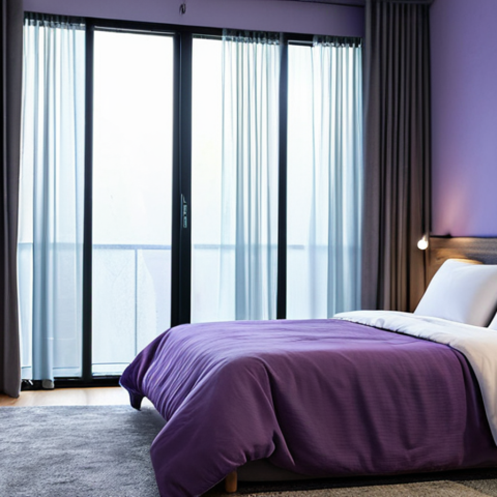 **
A serene bedroom sanctuary designed for sleep. Soft, warm lighting illuminates the room, featuring blackout curtains, an aroma diffuser with lavender essential oils, and a humidifier. The bed is neatly made with comfortable bedding. The overall ambiance promotes relaxation and tranquility. Safe for work, appropriate content, fully clothed (room setting), professional, modest, family-friendly, perfect anatomy (room setting), correct proportions (room setting), natural pose (room setting), professional photography, high quality.
**