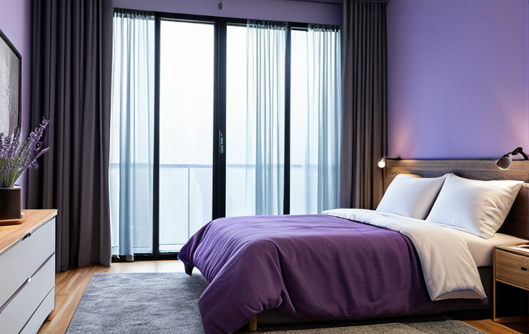 **
A serene bedroom sanctuary designed for sleep. Soft, warm lighting illuminates the room, featuring blackout curtains, an aroma diffuser with lavender essential oils, and a humidifier. The bed is neatly made with comfortable bedding. The overall ambiance promotes relaxation and tranquility. Safe for work, appropriate content, fully clothed (room setting), professional, modest, family-friendly, perfect anatomy (room setting), correct proportions (room setting), natural pose (room setting), professional photography, high quality.
**