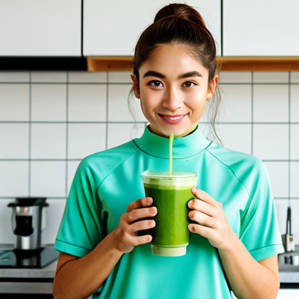 수면을 방해하는 카페인 대체품 - Matcha Energy**
"A young woman, fully clothed in modest athletic wear, holding a vibrant green matc...