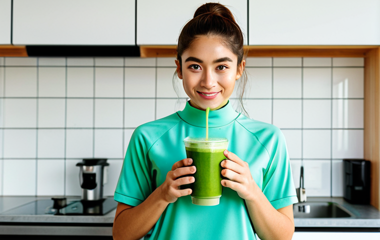 수면을 방해하는 카페인 대체품 - Matcha Energy**
"A young woman, fully clothed in modest athletic wear, holding a vibrant green matc...