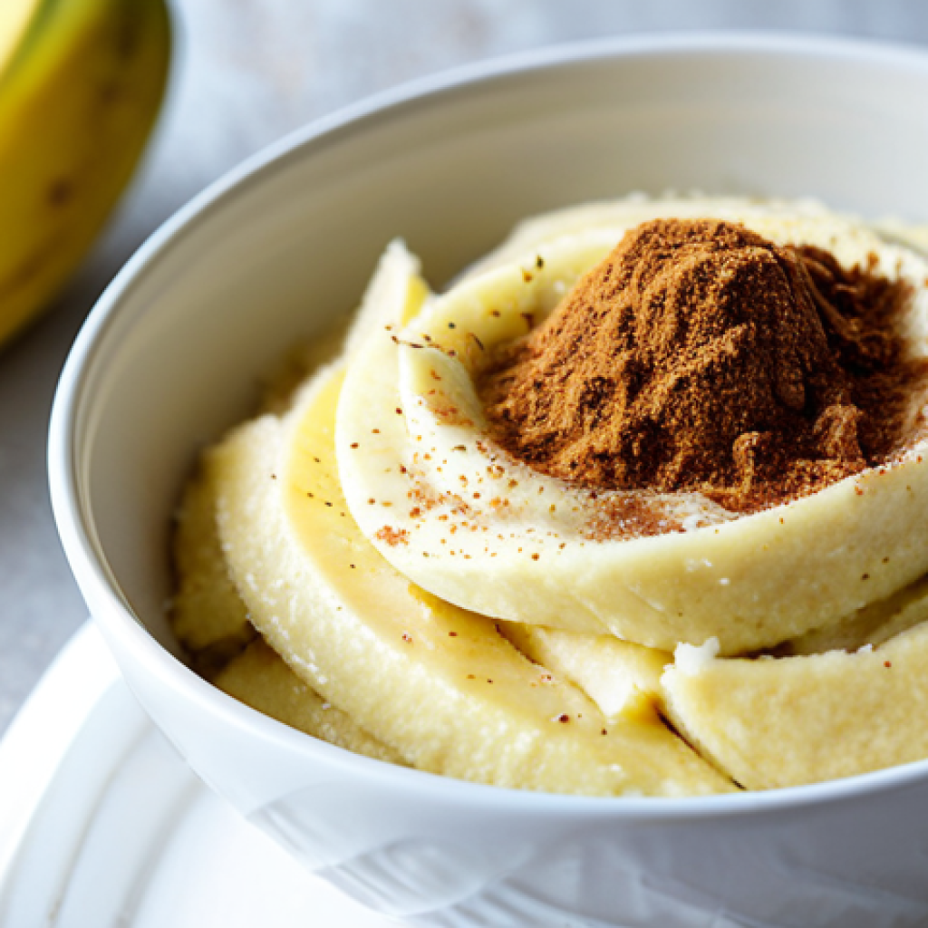 수면 개선을 위한 간편한 간식 - Banana with Cinnamon**
"A close-up shot of a mashed banana with cinnamon sprinkled on top, presente...
