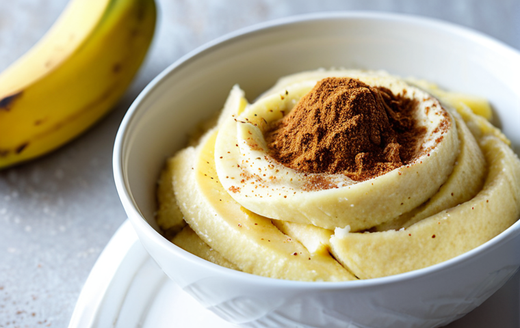 수면 개선을 위한 간편한 간식 - Banana with Cinnamon**
"A close-up shot of a mashed banana with cinnamon sprinkled on top, presente...