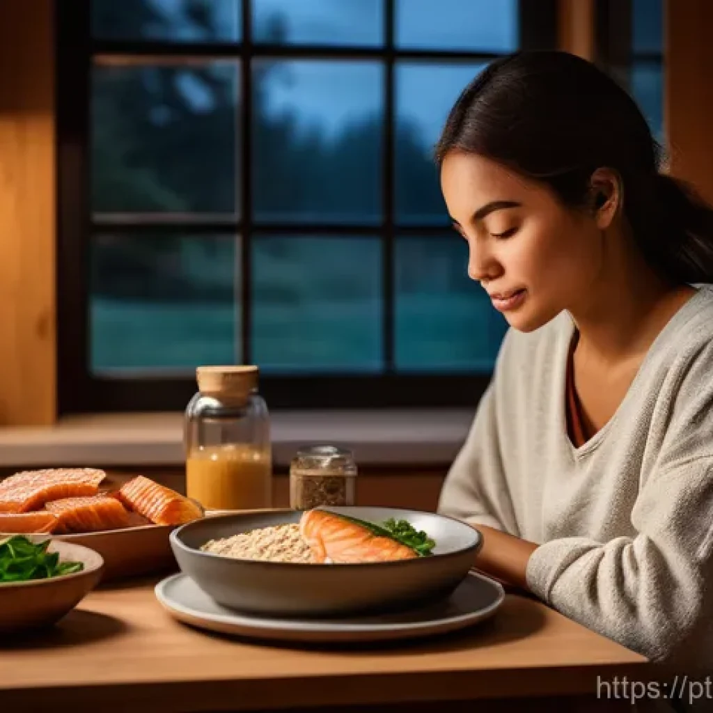 불면증 완화를 위한 식품 선택법 - **A serene adult peacefully enjoying a warm, comforting meal in a cozy, softly lit kitchen at dusk. ...