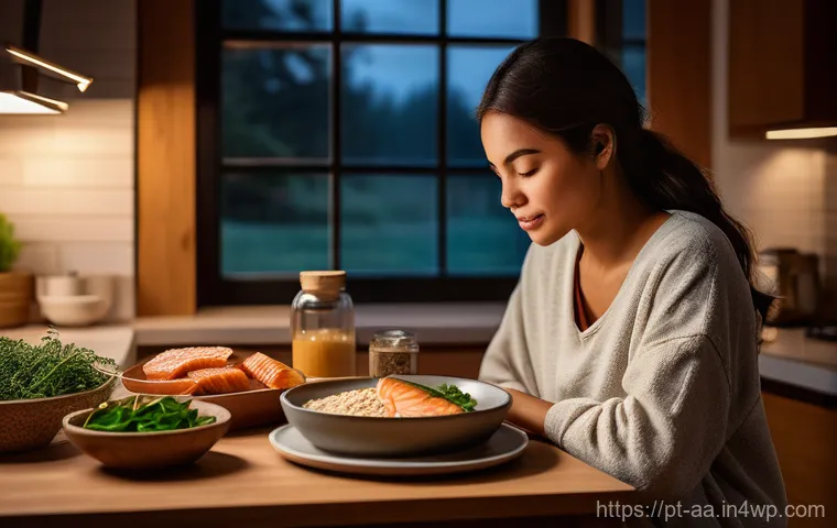 불면증 완화를 위한 식품 선택법 - **A serene adult peacefully enjoying a warm, comforting meal in a cozy, softly lit kitchen at dusk. ...