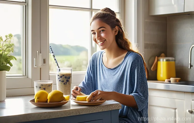 수면 보조를 위한 아침 식사 추천 - **Prompt 1: Peaceful Morning Breakfast**
"A young woman in her late 20s, with a gentle smile, is...