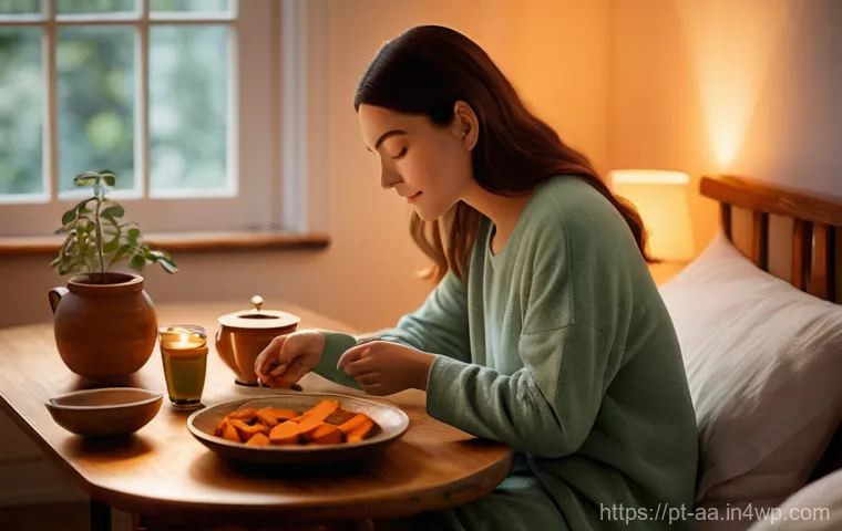 수면을 위한 건강한 저녁 메뉴 - **Prompt: The Serene Path to Slumber: A Wholesome Dinner and Peaceful Rest**
    "A cozy, softly lit...
