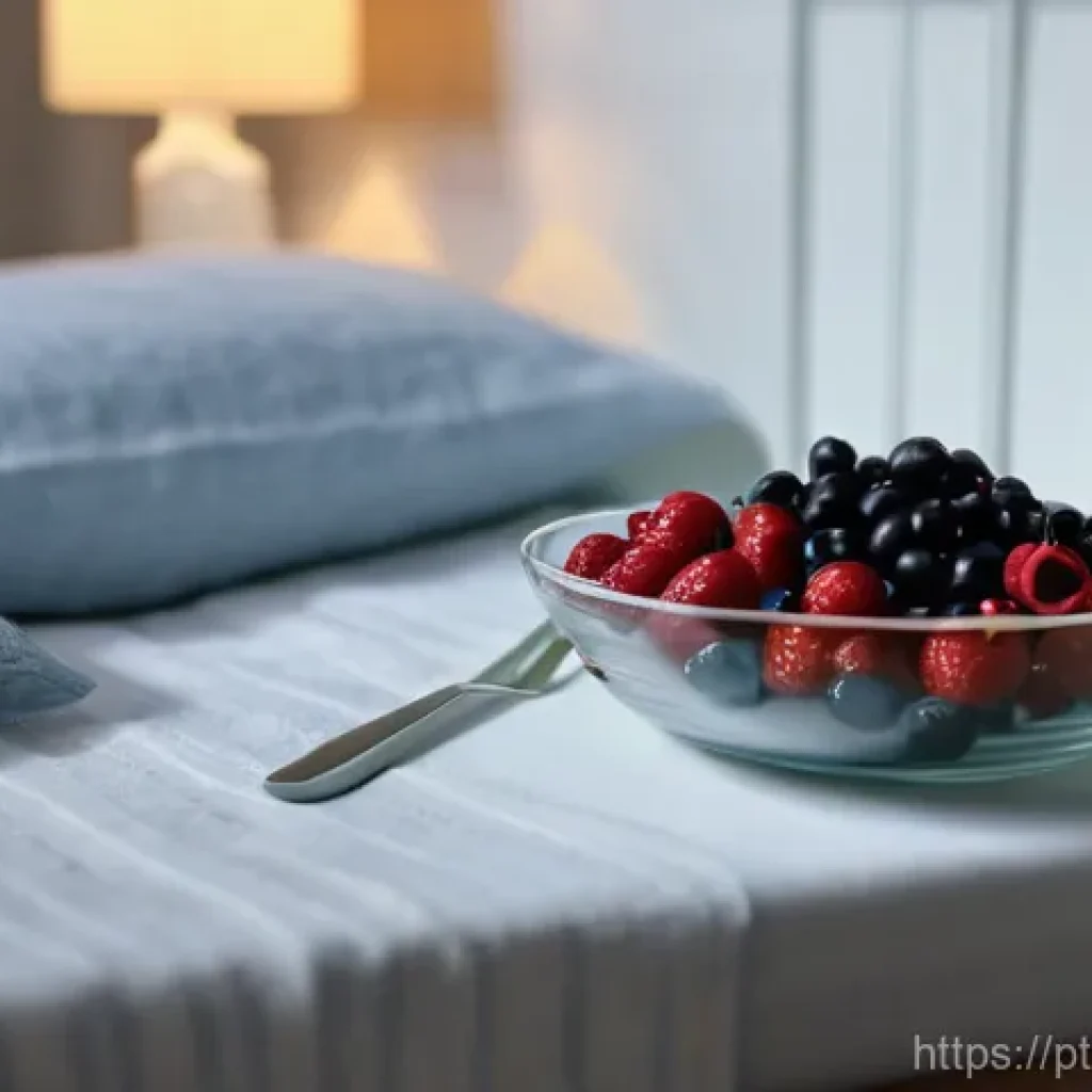 수면 패턴과 음식의 관계 - **Prompt:** A serene and cozy bedroom scene at dusk. A person, appearing calm and relaxed, is sittin...