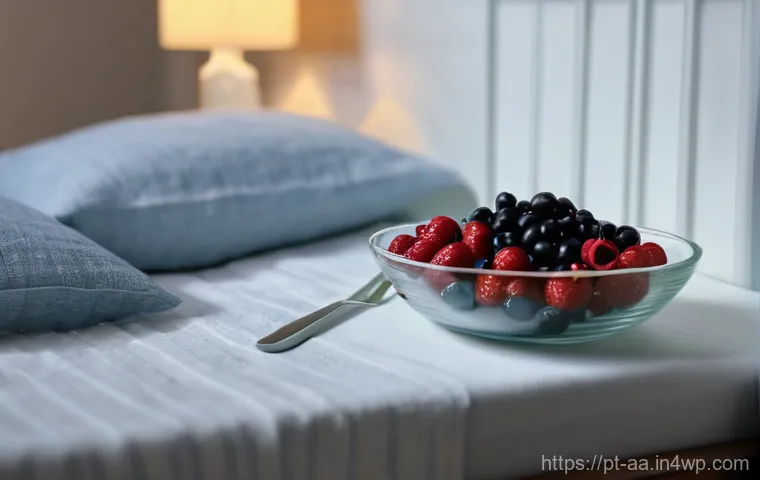 수면 패턴과 음식의 관계 - **Prompt:** A serene and cozy bedroom scene at dusk. A person, appearing calm and relaxed, is sittin...