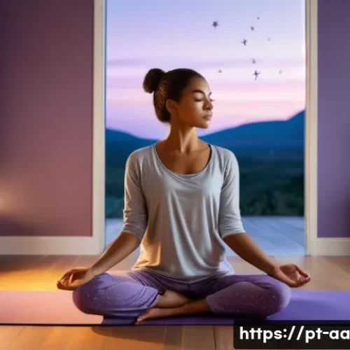 Home 32 수면 질 향상을 위한 요가와 식이요법 - A serene bedroom scene featuring a young adult performing gentle shoulder and neck stretches on a so...