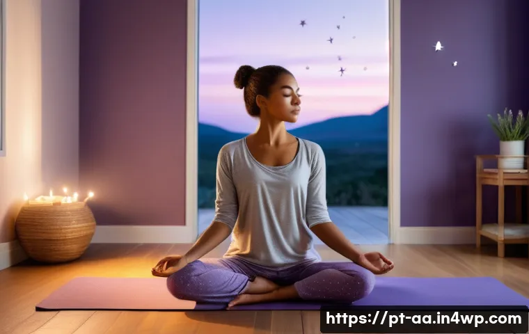 수면 질 향상을 위한 요가와 식이요법 - A serene bedroom scene featuring a young adult performing gentle shoulder and neck stretches on a so...