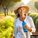 Home 18 수면 개선을 위한 비타민 D의 역할 - A serene morning outdoor scene in a sunny Brazilian park, featuring a middle-aged woman wearing ligh...