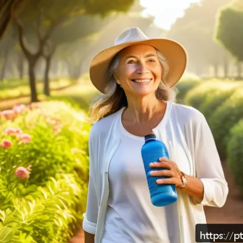 Home 30 수면 개선을 위한 비타민 D의 역할 - A serene morning outdoor scene in a sunny Brazilian park, featuring a middle-aged woman wearing ligh...